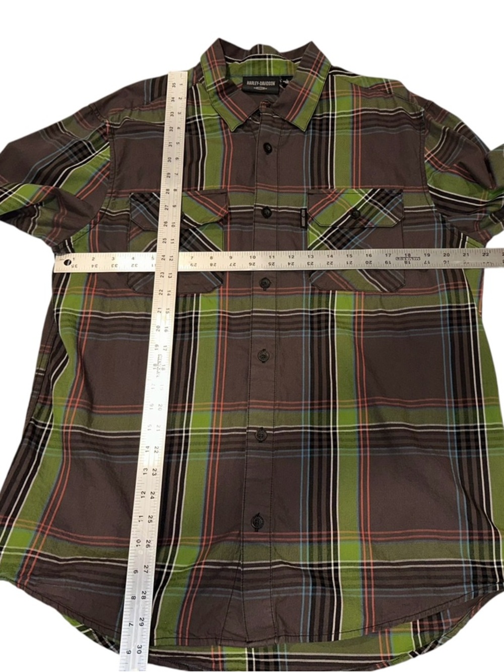 Harley Davidson Shirt Stencil Plaid Long Sleeve Button Up Brown & Green Sz L - Picture 7 of 8